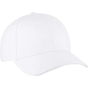 A white low profile baseball cap with six panels and a logo on the front.
