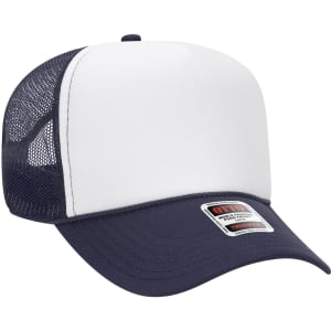 A 5 panel mid-profile trucker cap featuring a white front panel and navy mesh sides. It has a branded label.