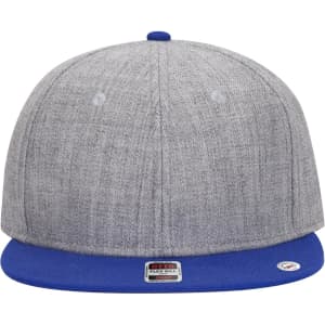 A snapback cap featuring a grey upper with a blue brim and an adjustable closure at the back. Includes a logo.