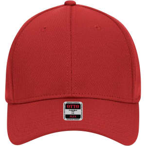 A red 6 panel low profile baseball cap with a logo tag on the front.