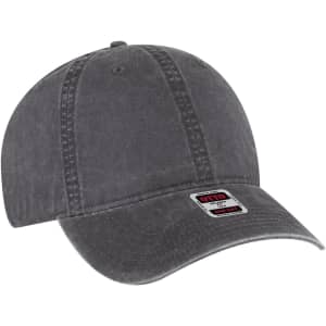A grey 6-panel low profile style dad cap with stitching details and a logo on the front.