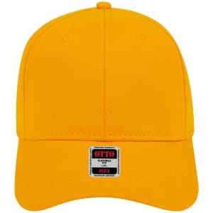 A yellow 6 panel low profile baseball cap with a flexible fit and a logo on the front.