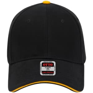 A black low profile baseball cap with a yellow accent and a tag on the front, featuring a logo.