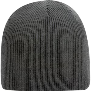 A grey classic knit beanie featuring a ribbed texture and a small logo.