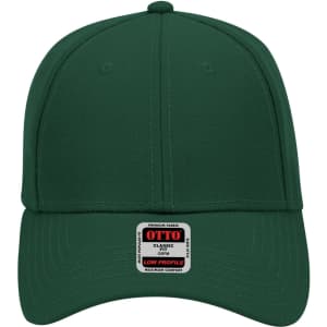 A green 6-panel low profile baseball cap with a structured design and a logo on the front.