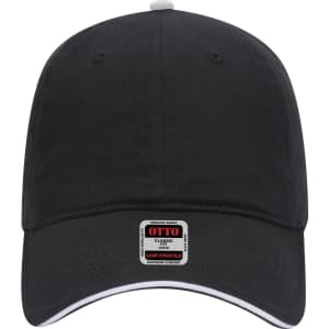 A black 6-panel low profile baseball cap with a contrasting white brim and a logo on the front.