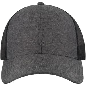 A 6-panel low profile trucker cap in grey with black mesh sides and back, featuring a logo.