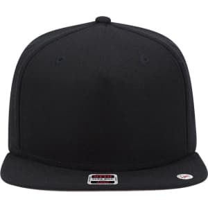 A black snapback cap featuring a flat brim and a grey undervisor, with an embossed logo on the side.