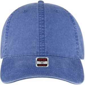 A blue 6 panel low profile dad cap with a logo on the front. The fabric has a soft, worn appearance.
