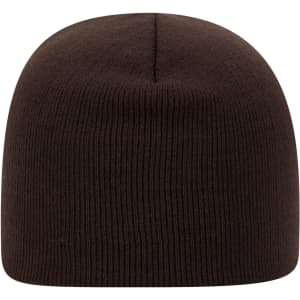A brown classic knit beanie. The beanie features a ribbed design and has a logo on it.