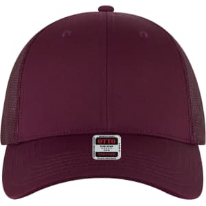 A maroon 6 panel low profile trucker cap with a mesh back and a logo label on the front.