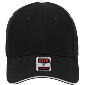 A black 6-panel low profile baseball cap with a branded label at the front and contrasting stitching on the peak.