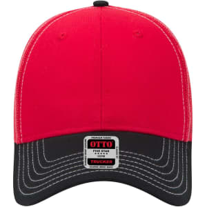 A red and black 6 panel low profile trucker cap with stitching detail and a logo on the front.
