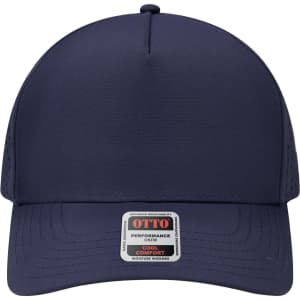 A navy 5 Panel Mid Profile Baseball Cap with a branded label on the front. The cap features moisture-wicking fabric.
