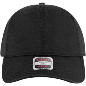 A black low profile dad cap featuring a curved brim and an adjustable strap, with a logo on the front.