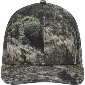 A camo-patterned six panel low profile baseball cap featuring shades of green, brown, and grey with a curved brim.