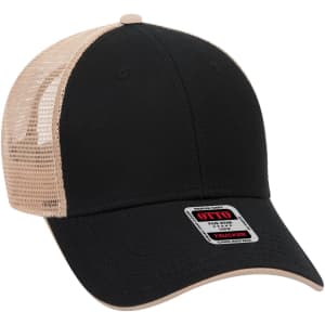 A black and beige 6-panel low profile trucker cap with a mesh back and a logo on the front.