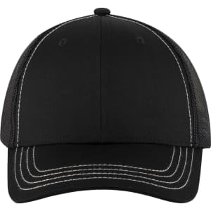 A black 6 panel low profile trucker cap with a mesh back and contrasting white stitching. Includes a logo.