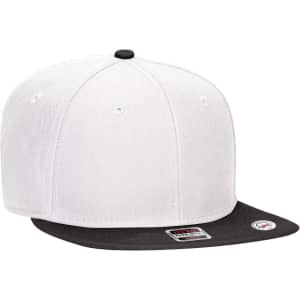 A snapback cap with a white crown and a black brim, featuring an underside in grey. Includes a logo on the side.