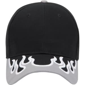 A black baseball cap with a flame design on the grey brim and a logo on the front.