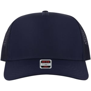A navy 5 Panel Mid Profile Trucker Cap with mesh sides and a branded label on the front.