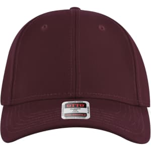 A burgundy 6 panel low profile baseball cap featuring a logo on the front.