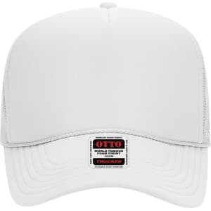 A white 5 panel mid profile trucker cap with mesh sides and a branded label on the front.