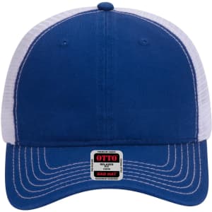 A blue trucker cap with a low profile and white mesh backing, featuring a label with branding.