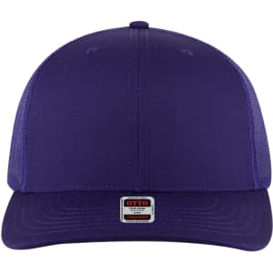 A purple 6-panel mid profile trucker cap with a mesh back and a small logo on the front.