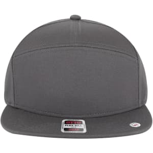 A grey 7 panel mid-profile snapback cap featuring a flat bill and a logo on the side.