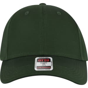 A green low profile baseball cap with a rounded crown and a front panel featuring a logo.