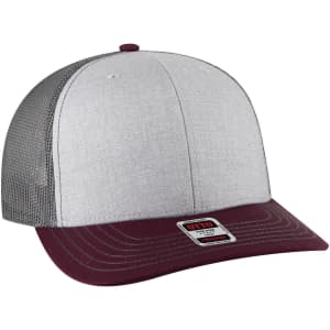 A grey and burgundy 6 panel mid-profile trucker cap with a mesh back and a logo on the front.