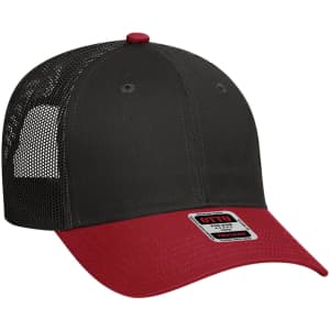 A low profile trucker cap featuring a red front panel and black mesh back, with a logo on the front.