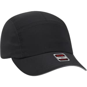 A black reflective five-panel running cap featuring a front panel and a branded patch.