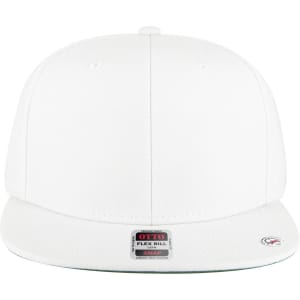 A white 6-panel mid profile snapback cap featuring a flat brim and a logo label on the front.