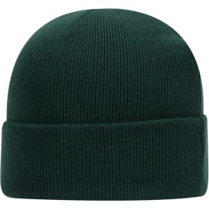 A dark green knit beanie with a rolled cuff and ribbed texture. It features a logo on the side.