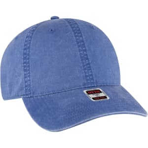A blue 6-panel low profile dad cap with a curved brim and a logo on the front.