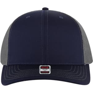 A navy 6 panel mid profile trucker cap with grey mesh panels and a logo on the front.