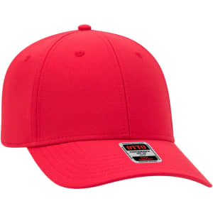 A red UPF 50+ 6 panel low profile baseball cap with a logo on the side.