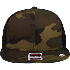 A camouflage 6 panel mid profile trucker cap with a flex bill and a logo on the front.