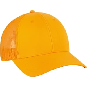 A bright yellow 6-panel low profile trucker cap with mesh sides and a curved brim. It features a logo on the front.