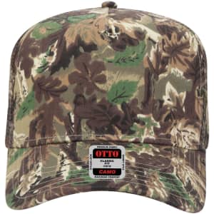A camo 5 panel mid crown trucker cap in green, brown, and tan with a logo on the front.