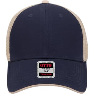 A 6-panel low profile trucker cap in navy with a beige mesh back and a logo on the front.