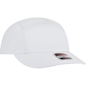 A white 5 panel running hat featuring perforated detailing and a branded tag on the front.