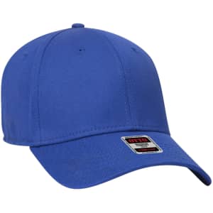 A blue six-panel low profile baseball cap featuring a logo on the front.