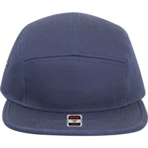 A navy 5 Panel Camper Hat featuring a flat brim and a logo on the side.
