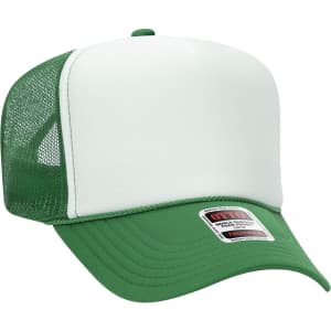 A green and white 5 Panel High Crown Trucker Cap with a mesh back and a branded label.
