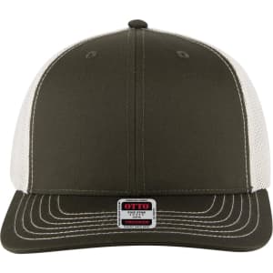 A green and white 6 panel mid profile trucker cap with a mesh back and a small logo on the front.