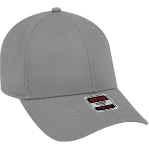 A grey, six-panel low profile baseball cap with a branded label on the front.