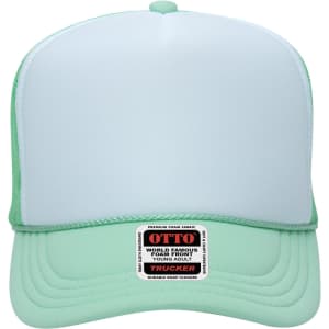 A green and light blue 5 panel high crown trucker cap with a branded label on the front.